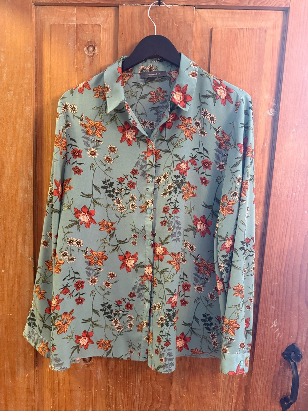 Primark Men's Floral Button-Down Shirt in Sage Green with Red & Orange Flowers